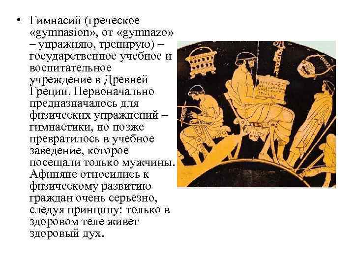  • Гимнасий (греческое «gymnasion» , от «gymnazo» – упражняю, тренирую) – государственное учебное