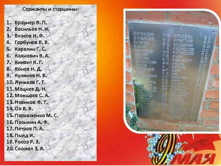 Сержанты и старшины: 1. Браунер В. П. 2. Васильев Н. И. 3. Власов И.