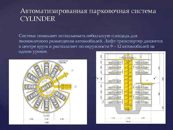 Автоматизированная парковочная система CYLINDER Система позволяет использовать небольшую площадь для экономичного размещения автомобилей. Лифт-транспортер