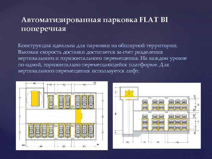 Автоматизированная парковка FLAT BI поперечная Конструкция идеальна для парковки на обширной территории. Высокая скорость