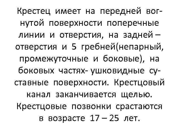 Крестец имеет на передней вогнутой поверхности поперечные линии и отверстия, на задней – отверстия
