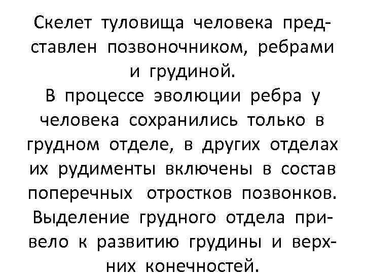 Скелет туловища человека представлен позвоночником, ребрами и грудиной. В процессе эволюции ребра у человека