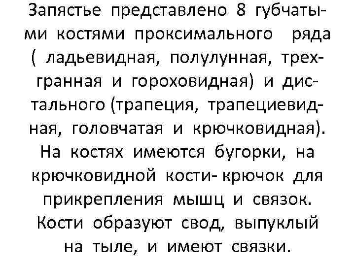 Запястье представлено 8 губчатыми костями проксимального ряда ( ладьевидная, полулунная, трехгранная и гороховидная) и