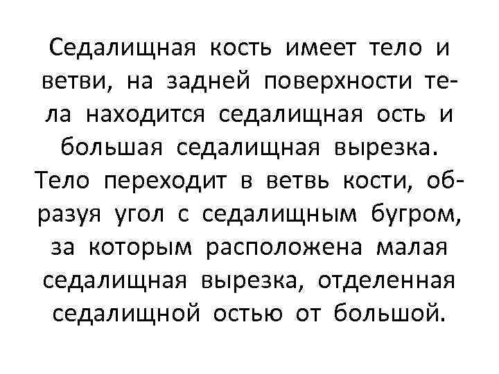Седалищная кость имеет тело и ветви, на задней поверхности тела находится седалищная ость и