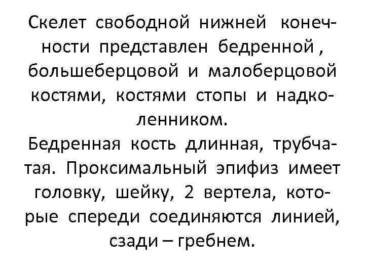 Скелет свободной нижней конечности представлен бедренной , большеберцовой и малоберцовой костями, костями стопы и