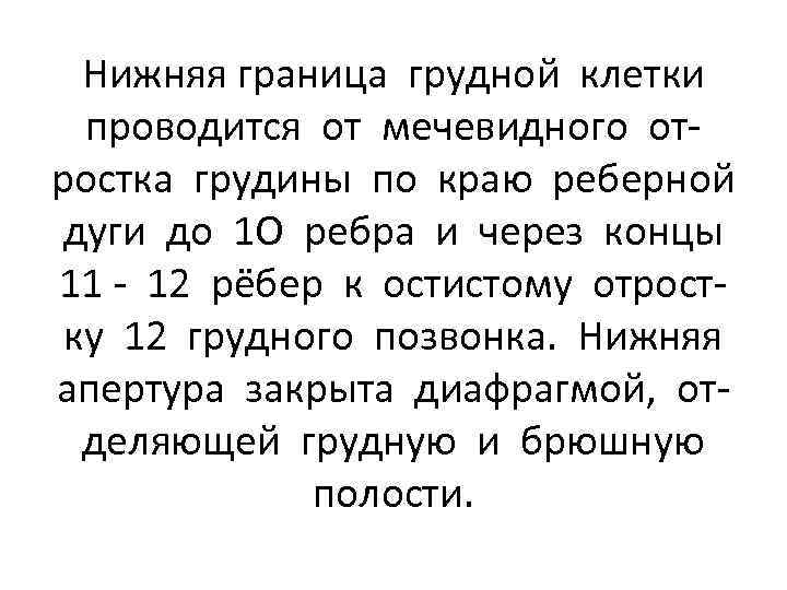 Нижняя граница грудной клетки проводится от мечевидного отростка грудины по краю реберной дуги до