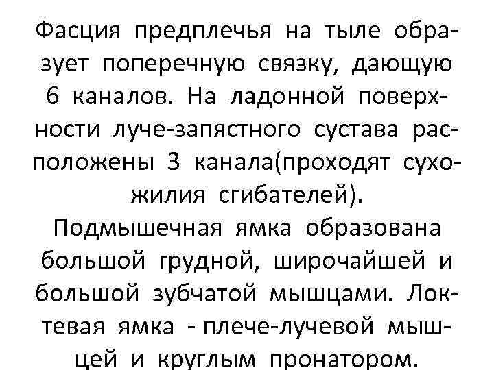 Фасция предплечья на тыле образует поперечную связку, дающую 6 каналов. На ладонной поверхности луче-запястного