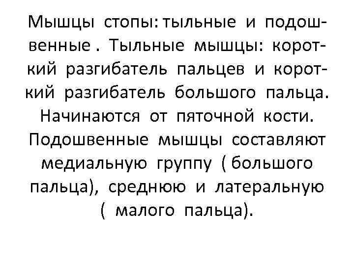 Мышцы стопы: тыльные и подошвенные. Тыльные мышцы: короткий разгибатель пальцев и короткий разгибатель большого