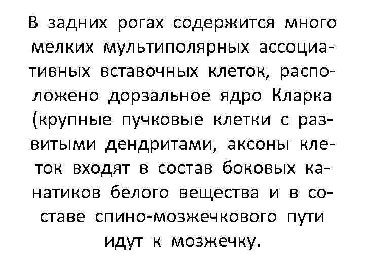 В задних рогах содержится много мелких мультиполярных ассоциативных вставочных клеток, расположено дорзальное ядро Кларка