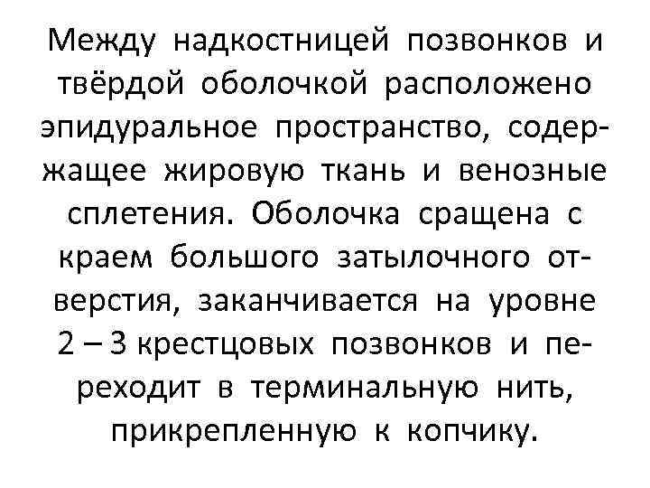 Между надкостницей позвонков и твёрдой оболочкой расположено эпидуральное пространство, содержащее жировую ткань и венозные