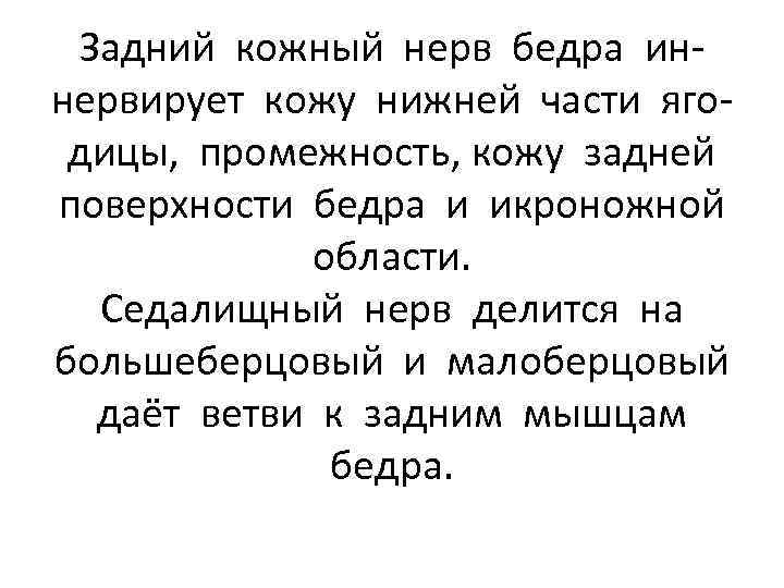 Задний кожный нерв бедра иннервирует кожу нижней части ягодицы, промежность, кожу задней поверхности бедра