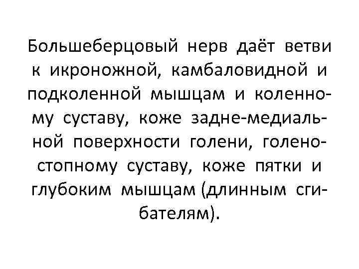 Большеберцовый нерв даёт ветви к икроножной, камбаловидной и подколенной мышцам и коленному суставу, коже