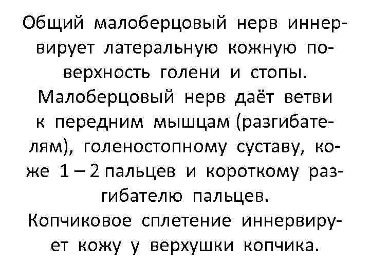 Общий малоберцовый нерв иннервирует латеральную кожную поверхность голени и стопы. Малоберцовый нерв даёт ветви