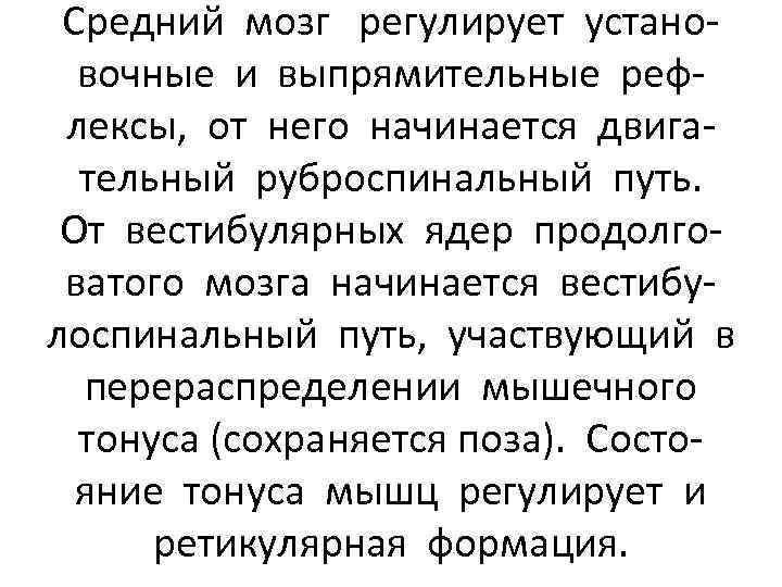 Средний мозг регулирует установочные и выпрямительные рефлексы, от него начинается двигательный руброспинальный путь. От