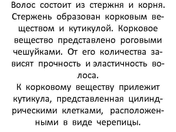 Волос состоит из стержня и корня. Стержень образован корковым веществом и кутикулой. Корковое вещество