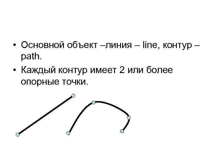  • Основной объект –линия – line, контур – path. • Каждый контур имеет