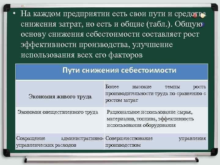  • На каждом предприятии есть свои пути и средства снижения затрат, но есть