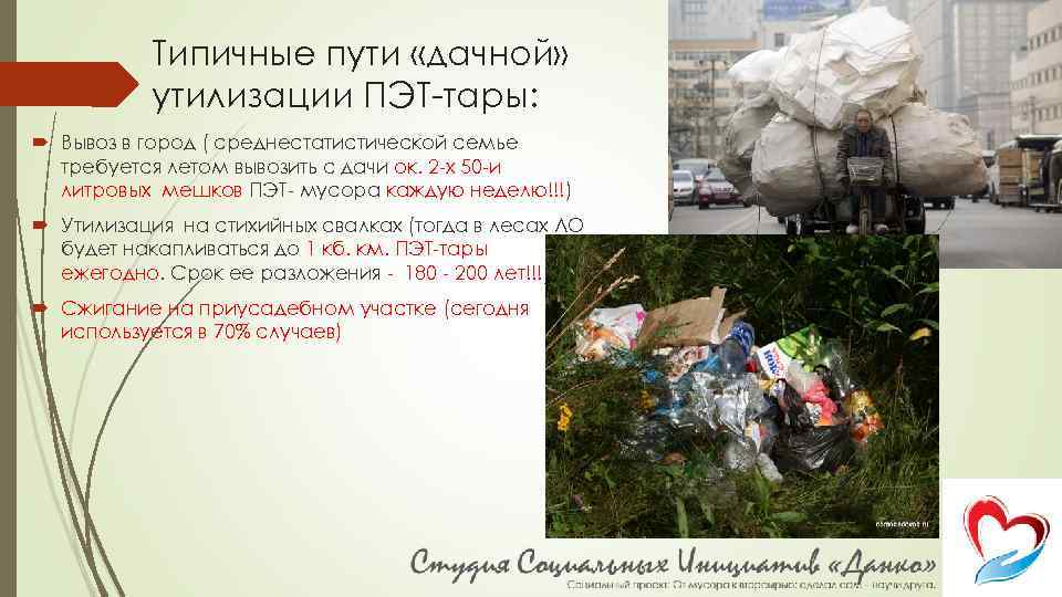 Типичные пути «дачной» утилизации ПЭТ-тары: Вывоз в город ( среднестатистической семье требуется летом вывозить