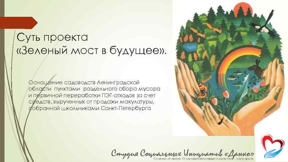Суть проекта «Зеленый мост в будущее» . Оснащение садоводств Ленинградской области пунктами раздельного сбора
