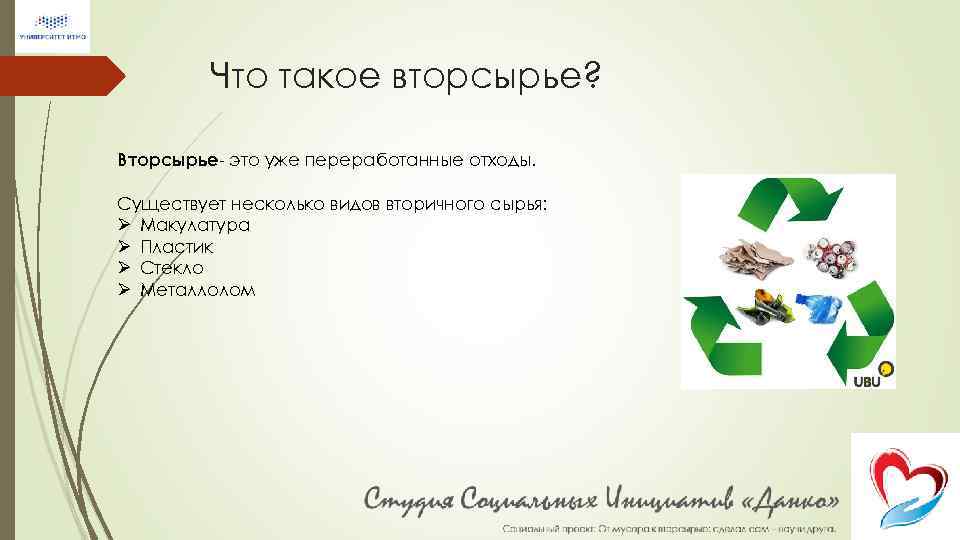 Что такое вторсырье? Вторсырье- это уже переработанные отходы. Существует несколько видов вторичного сырья: Ø