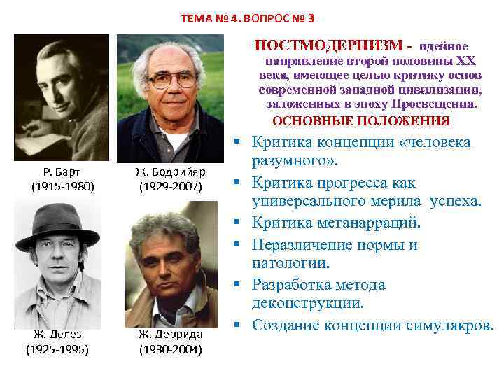 ТЕМА № 4. ВОПРОС № 3 ПОСТМОДЕРНИЗМ - идейное направление второй половины XX века,