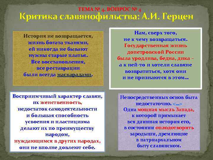 ТЕМА № 4. ВОПРОС № 4 Критика славянофильства: А. И. Герцен История не возвращается,