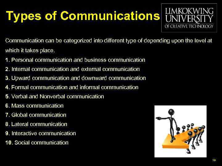 Types of Communications Communication can be categorized into different type of depending upon the