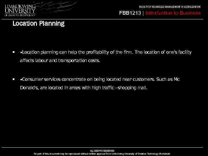 FACULTY OF BUSINEESS MANAGEMENT & GLOBALIZATION FBB 1213 | Introduction to Business Location Planning