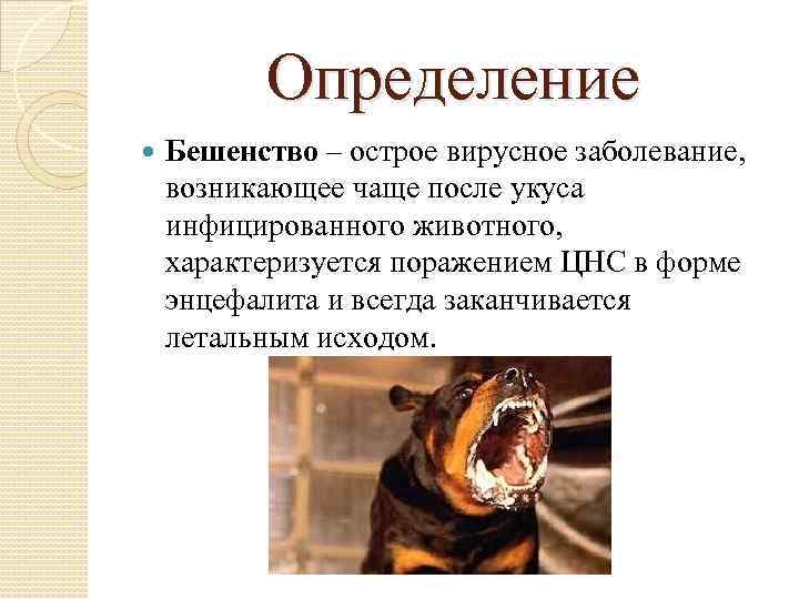 Определение Бешенство – острое вирусное заболевание, возникающее чаще после укуса инфицированного животного, характеризуется поражением