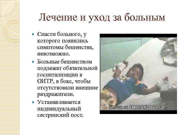 Лечение и уход за больным Спасти больного, у которого появились симптомы бешенства, невозможно. Больные