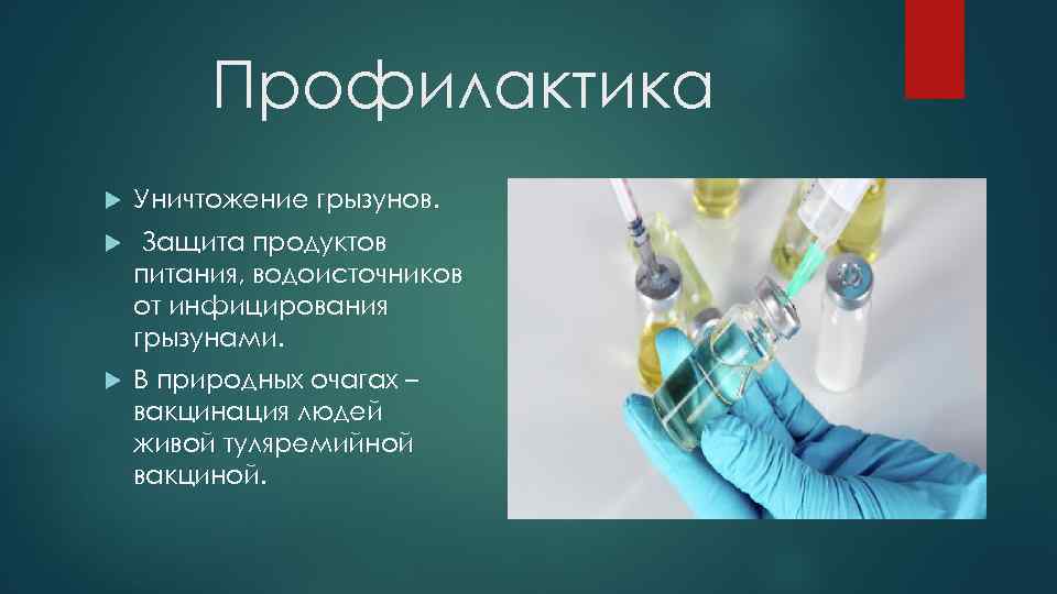 Профилактика Уничтожение грызунов. Защита продуктов питания, водоисточников от инфицирования грызунами. В природных очагах –