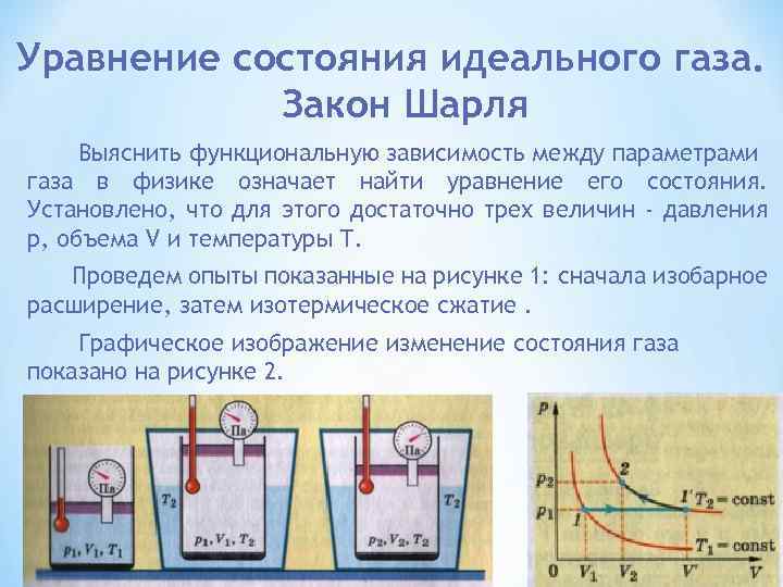 Уравнение состояния идеального газа. Закон Шарля Выяснить функциональную зависимость между параметрами газа в физике