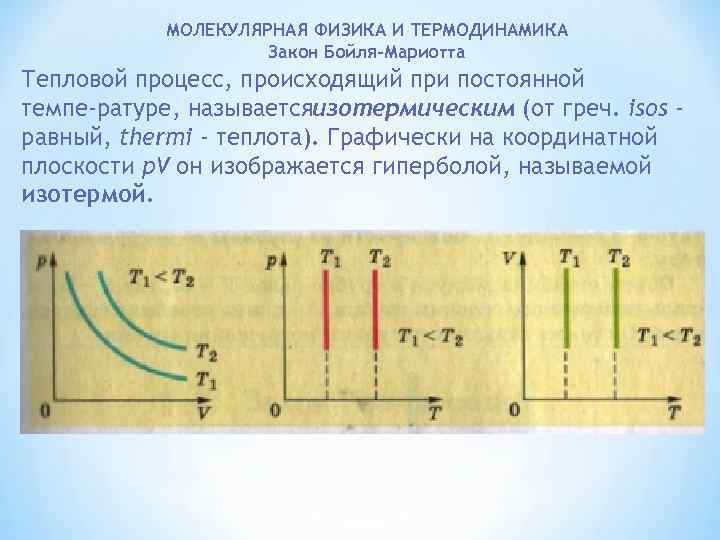 МОЛЕКУЛЯРНАЯ ФИЗИКА И ТЕРМОДИНАМИКА Закон Бойля-Мариотта Тепловой процесс, происходящий при постоянной темпе ратуре, называетсяизотермическим