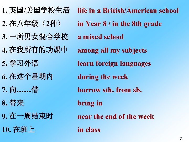 1. 英国/美国学校生活 life in a British/American school 2. 在八年级（2种） in Year 8 / in