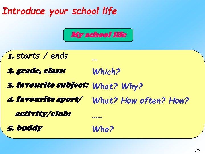 Introduce your school life My school life 1. starts / ends … 2. grade,