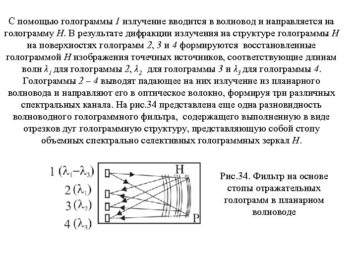 С помощью голограммы 1 излучение вводится в волновод и направляется на голограмму H. В