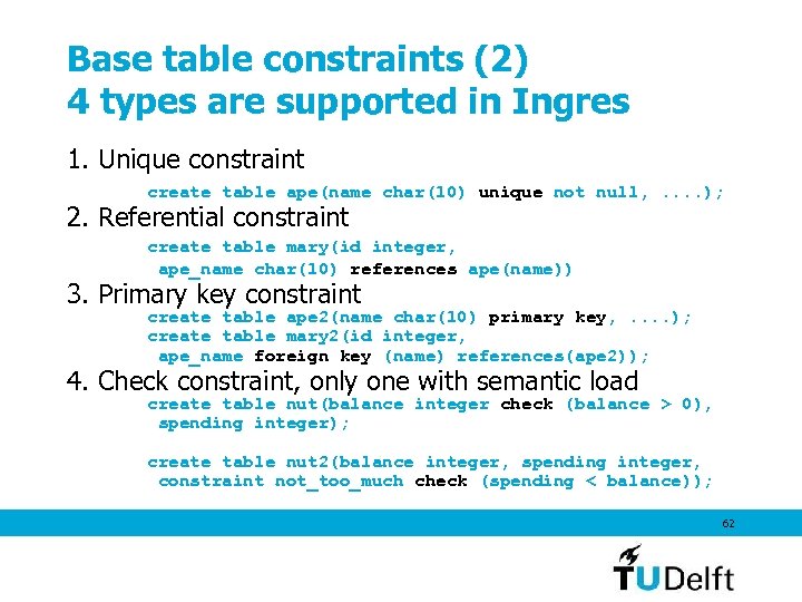 Base table constraints (2) 4 types are supported in Ingres 1. Unique constraint create