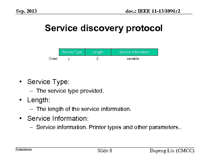 Sep. 2013 doc. : IEEE 11 -13/1091 r 2 Service discovery protocol Service Type