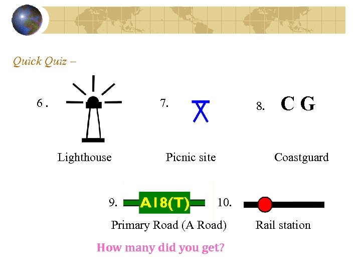 Quick Quiz – 6. 7. Lighthouse 9. 8. Picnic site CG Coastguard 10. Primary