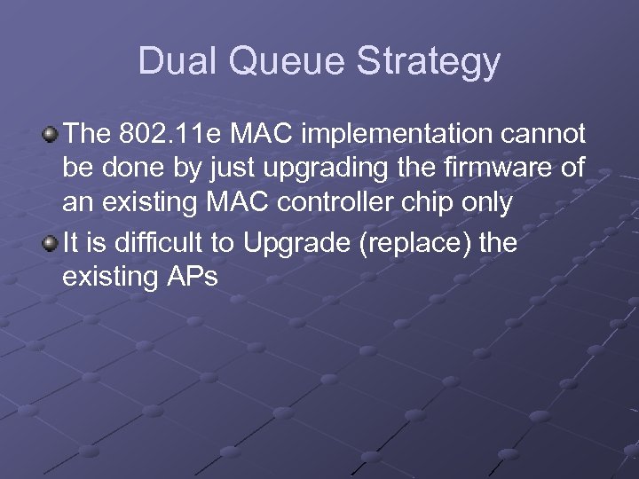 Dual Queue Strategy The 802. 11 e MAC implementation cannot be done by just