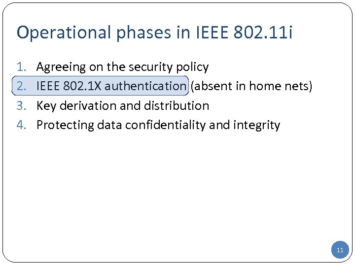 Operational phases in IEEE 802. 11 i 1. 2. 3. 4. Agreeing on the