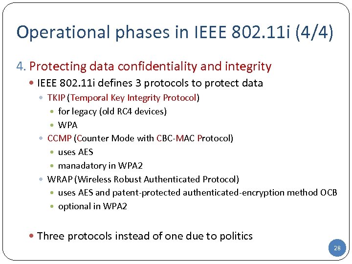 Operational phases in IEEE 802. 11 i (4/4) 4. Protecting data confidentiality and integrity