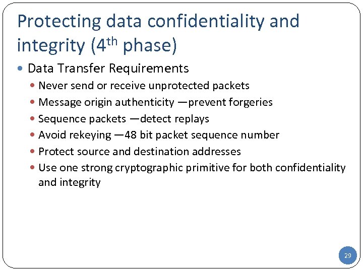 Protecting data confidentiality and integrity (4 th phase) Data Transfer Requirements Never send or