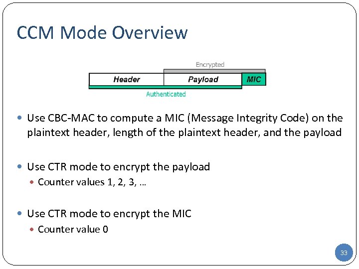 CCM Mode Overview Use CBC-MAC to compute a MIC (Message Integrity Code) on the