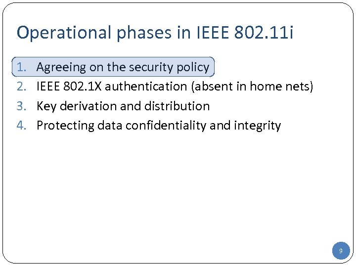 Operational phases in IEEE 802. 11 i 1. 2. 3. 4. Agreeing on the