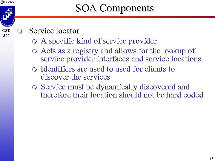 SOA Components CSE 300 m Service locator m A specific kind of service provider