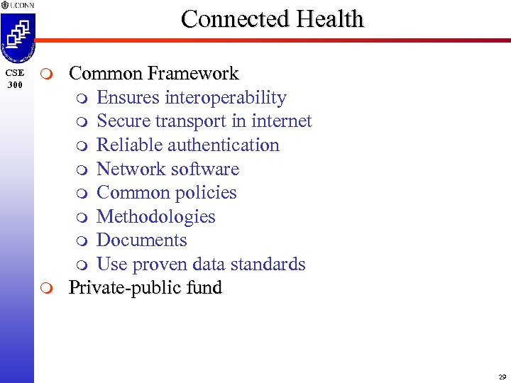 Connected Health CSE 300 m m Common Framework m Ensures interoperability m Secure transport