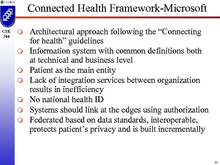 Connected Health Framework-Microsoft CSE 300 m m m m Architectural approach following the “Connecting