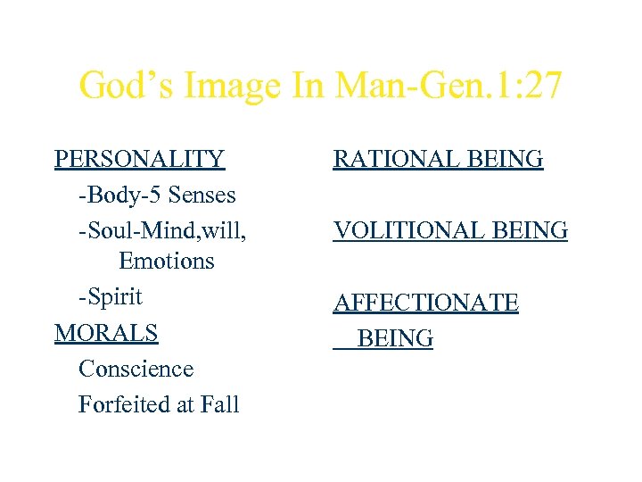 God’s Image In Man-Gen. 1: 27 PERSONALITY -Body-5 Senses -Soul-Mind, will, Emotions -Spirit MORALS