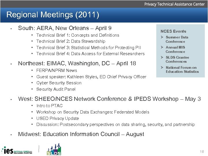 Regional Meetings (2011) • South: AERA, New Orleans – April 9 • • •